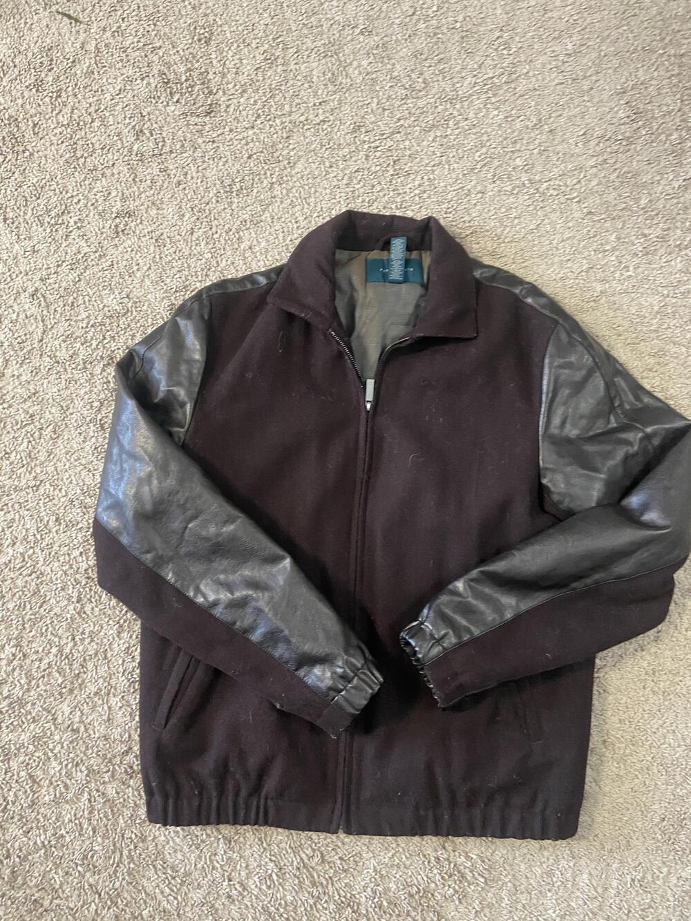 Perry Ellis Jacket Mens Large Brown Bomber Leather Look Sleeves Full Zip Lined